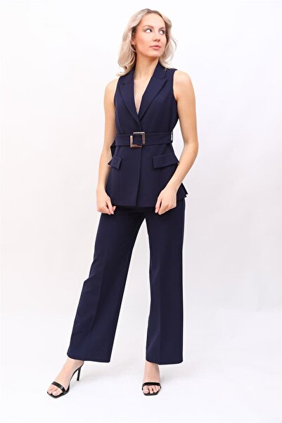 ÖNDER ÖZSOY Kemerli Klasik Yelek & Bol Paça Pantolon Takım-Lacivert