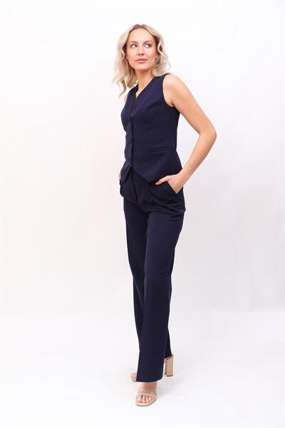 ÖNDER ÖZSOY Klasik Yelek & Yüksek Bel Bol Paça Pantolon Takım-Lacivert