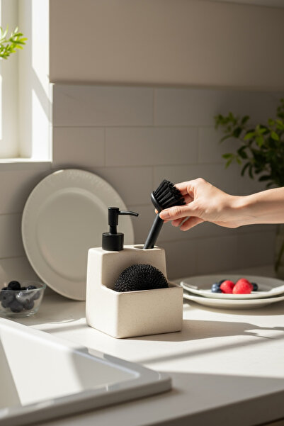 zezedesing 3'lü Sıvı Sabunluk Seti Pinterest Model Sünger & Fırça & Sıvı Sabunluk(Bej)