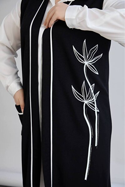 FOR ESRA BIG TREND Kadın Büyük Beden Taşlı Uzun Çiçek Baskı Ön Şerit Tek Cep Viskon Esnek Yelek