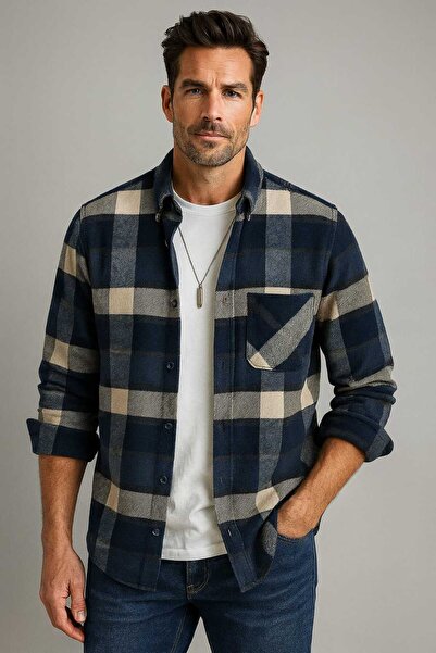 YNGMENCLASS Zimní dřevorubcovská košile s jedním kapsovým detailem, kostkovanou texturou, kašmírovou bavlnou, límcem a zapínáním na knoflíky