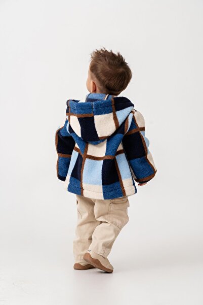 Magu Boy's Cotton Hooded Blue Plaid Zippered Fleece Coat