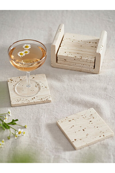 Bej Marble & Design Traverten Bardak Altlığı (6'lı Set)