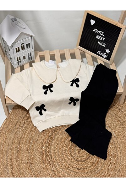 Kids Krem Üst Kurdele Detaylı İspanyol Paça Altlı Takım