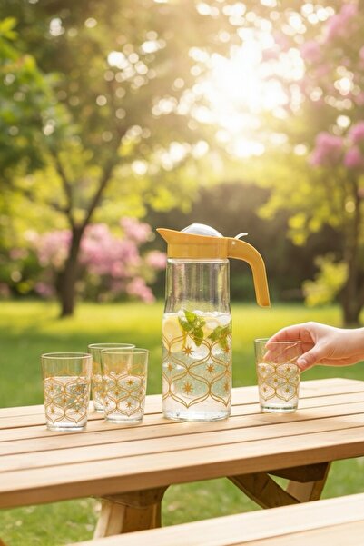 AKBELLİ GROUP 1.5 Lt Kapaklı Cam Su Takımı Sürahi 7 Parça Set