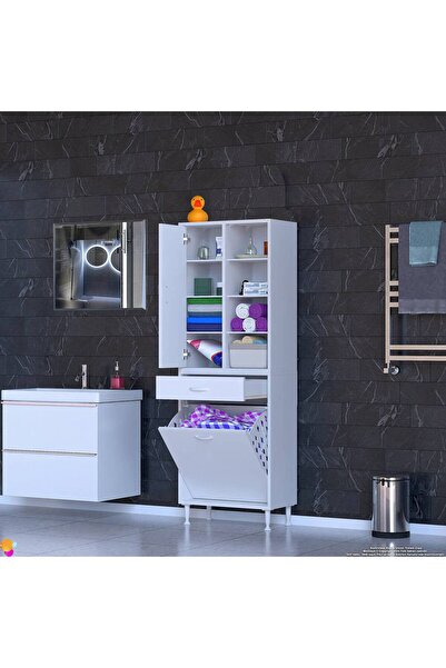 Modilayn Kayra 1 Çekmece 1 Kapak 1 Sepetli 8 Raflı Çok Amaçlı Dar Alan Banyo Dolabı Organizer 55x173x32,5 cm