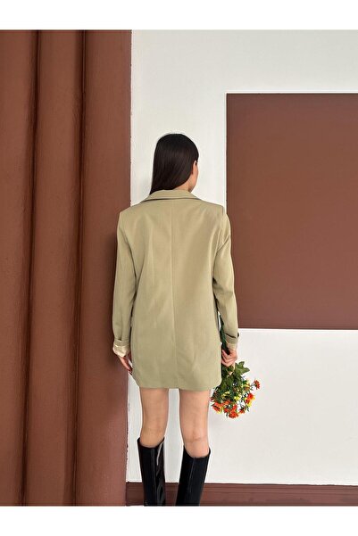 vesantia Kadın Haki Dabıl Kumaş Çizgili Desen Astar Detaylı Tek Düğmeli Blazer Ceket