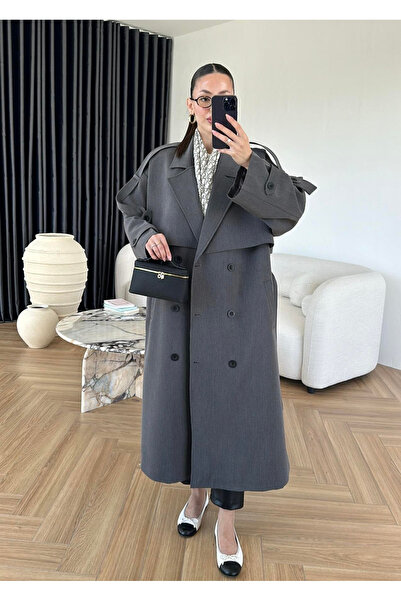 My Blog Anthracite Lucky Oversize Trench Coat with Button Detail-9476