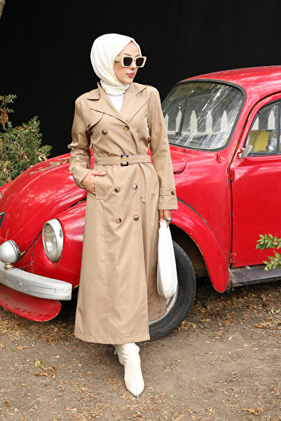 Viskosa Kadın Klasik Kuşaklı Uzun Trençkot - Düğmeli, Ceket Yaka, Mevsimlik Dış Giyim