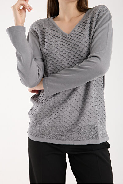 Moda Days Women's Gray Viscose Fabric V-Neck Glitter Knit Blouse