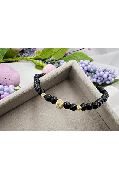 OEM Brățară cu onix, charm si bilute din aur 585 14k - Reglabila