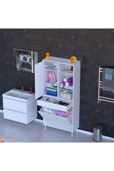 Modilayn Kayra Banyo Dolabı Tek Çekmece, 2 Göz Sepet, 1 Kapak, 6 Raf Dar Alan Banyo Dolabı 75x173x32,5 cm