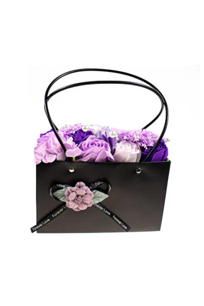 velve Aranjament floral Milenium cu trandafiri de sapun, garoafe si hortensii, mov, Mov