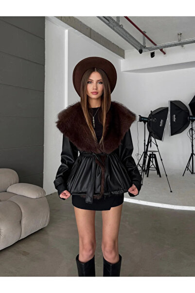 ASEDE Δερμάτινο παλτό με γούνινο γιακά με κορδόνια