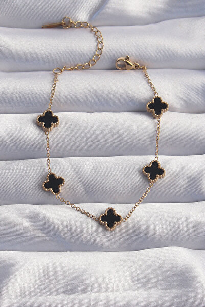 Clariss Thewan 316L Steel Baby Boy Gold Color Black Enamel Clover Bracelet