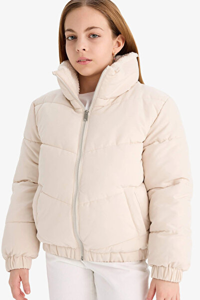 DeFacto C5390 Ecru Girl's Plush Lined Zippered Puffer Jacket