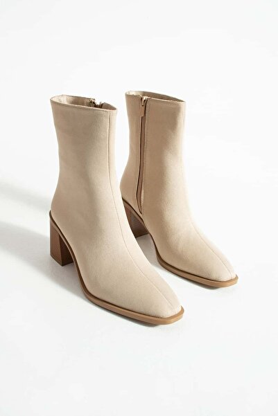 diclepolat Zanita Bej Süet Fermuar Detay Kadın Topuklu Bot