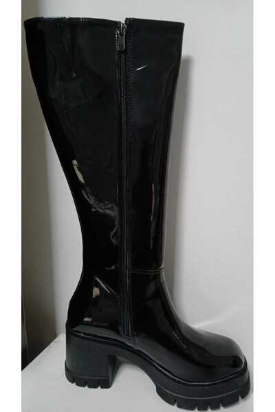 bescobel Women's Black Patent Leather Monda Platform High Heel Leather Look Below-The-Knee Boots