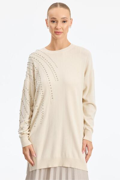 Tığ Triko Tunic with Stone Detail on the Shoulder and Sleeve Vani̇lya