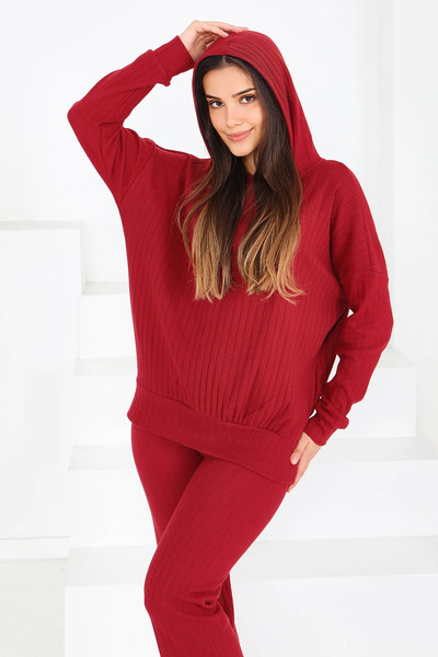 Butik Dvostruko odelo dugih rukava Rebrasta pletenina klaret crveno - 27815-B...