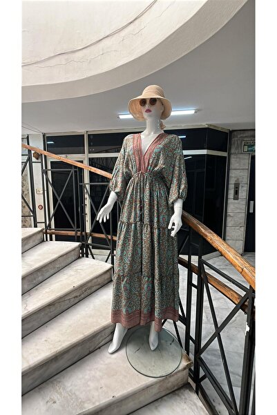 EREN STYLE Hint İpeği V Yaka Sırt Dekolte Kollu Serin Tutan Elbise