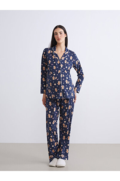LC Waikiki LCW DREAM Lacivert Gömlek Yaka Baskılı Hamile Pijama Takımı