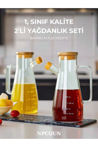 NPCQUN Bambu Kapaklı Vakumlu Borosilikat 3'lü Set Cam Yağdanlık Yağlık Sirkel...