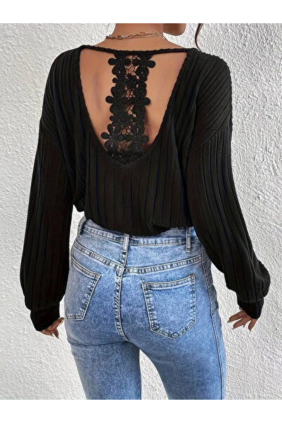 Meleners    Women's Long Sleeve V-Neck Window Back Lace Detail Thick Ribbed Camisole Blouse