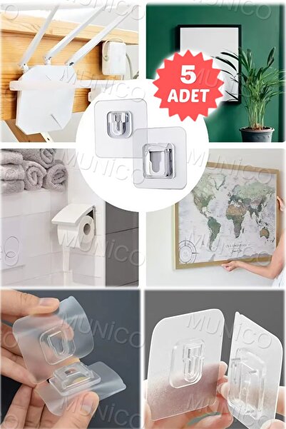 Munico 5 Set Yapışkanlı Geçmeli Askı Banyo, Mutfak ve Dekorasyon İçin Pratik Sabitleme Çözümü Priz Modem