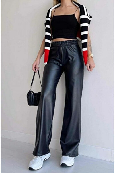 buğrahayalin Women's High Waist Elastic Waist Wide Leg Leather Pants