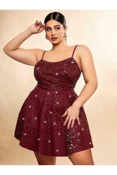 lidofya Pul İşlemeli Bordo Büyük Beden Gece Elbisesi