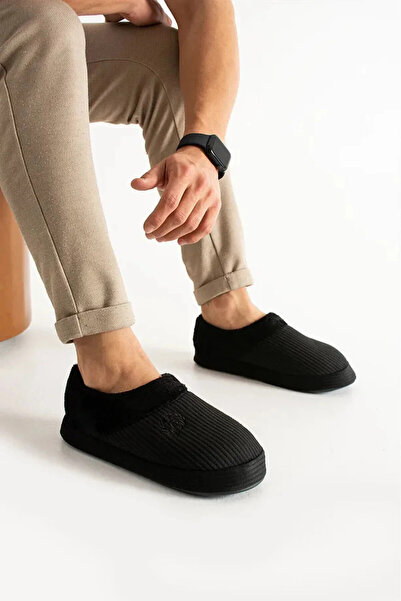 FootFrenzy Erkek Panduf Bohça Fitilli Kadife Kumaş Nakışlı Rahat Yumuşak Taban Kürklü Ev İçi Ayakkabı