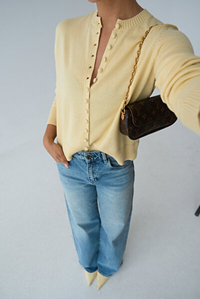 LOOSH Kadın Sarı Bisiklet Yaka Düğmeli Basic Hırka