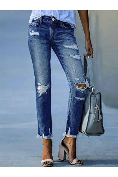 REKA MODA Women's Slim Fit Pocket Front Ripped Patterned Denim Trousers
