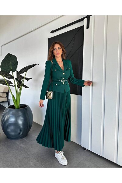 GAMZE ALPTEKİN Elizabeth Gold Belted - Buttoned Blazer Jacket and Pleated Long Skirt Set