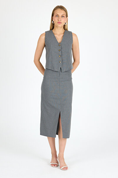 MADAME MELEK Slit Skirt Vest Suit Striped Fabric Suit