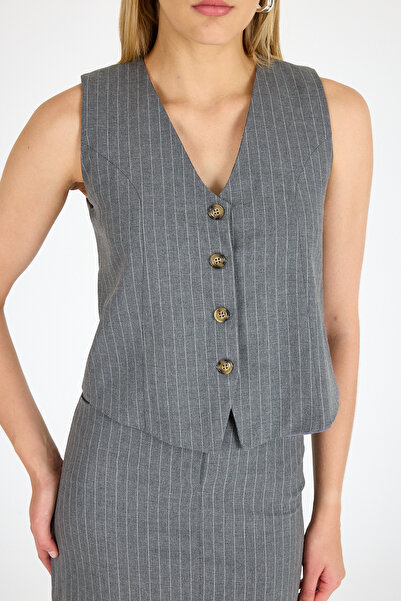 MADAME MELEK Slit Skirt Vest Suit Striped Fabric Suit