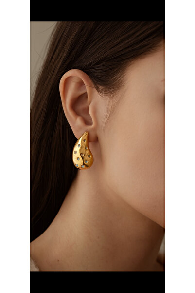 Kokoş Earrings Stone Detail Steel Gold