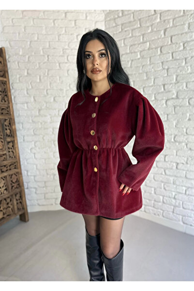 moneta boutique Women's Elastic Waist Fox Fabric Gold Button Jacket