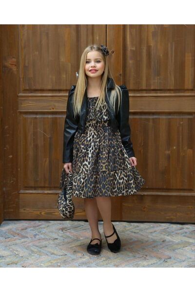 nisaykids KIZ ÇOCUK DERİ CEKET-KETEN ELBİSE-ÇANTA-TOKA TAKIM