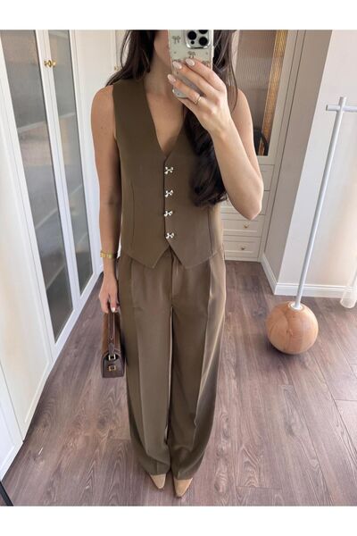 GAMZE ALPTEKİN Ribbon Buttoned Design Vest Trousers Suit Premium Quality