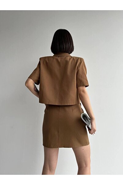 GAMZE ALPTEKİN 100% Cotton Gabardine Brown Skirt Jacket Double Set