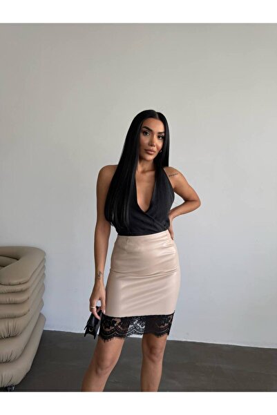 GAMZE ALPTEKİN Design Imported Leather Skirt with French Lace Detail at the Hem Lace Leather Mini Skirt