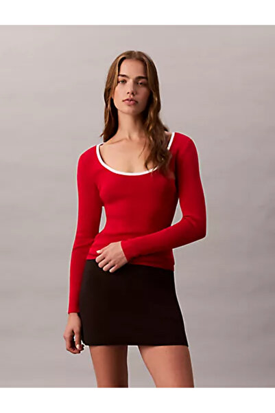 Calvin Klein Women's Round Neck Slim Fit Long Sleeve Red Sweater Lv044D360G-Yaa