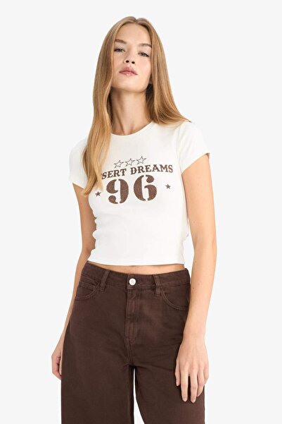 DeFacto Fitted Crew Neck Printed Ribbed Short Sleeve T-Shirt G3266Ax25Wn