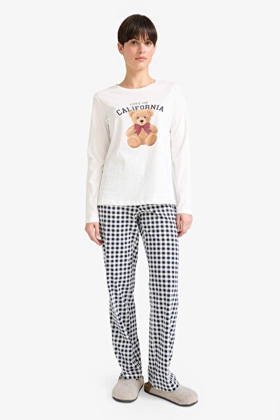 DeFacto Pijama Takımı Regular Fit Ayıcık Baskılı Uzun Kollu Üst Kareli Uzun Alt-Fall in Love G2169AX25AU
