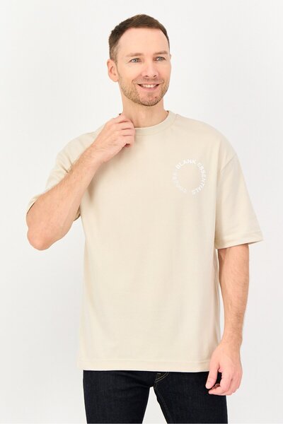 BLANK ESSENTIALS Men Crew Neck Short Sleeve Brand Logo T-Shirt, Beige