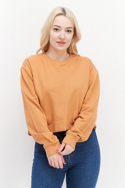 Brave Soul Women Crew Neck Long Sleeves Solid Crop Sweatshirt, Caramel