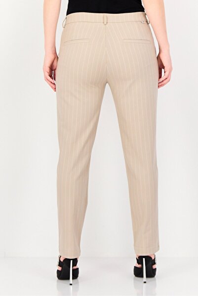 Reiko Women Cigarette Fit Mid Waist Stripes Dress Pants, Beige