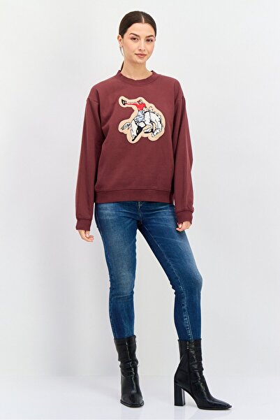 WRANGLER Women Crew Neck Long Sleeves Embroidered Sweatshirt, Brown